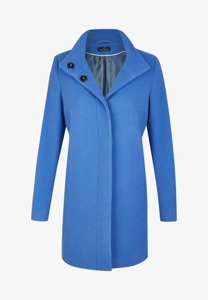 Blauwe wollen jas met lange mouwen, een brede kraag, twee zwarte knopen bij de halslijn en een verborgen sluiting aan de voorkant.