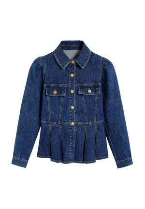 Veste en denim bleu foncé avec un col, des manches bouffantes, des fermetures à boutons dorés et deux poches sur la poitrine. Design plissé au niveau de l'ourlet.