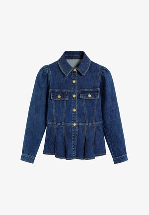 Jachetă din denim de culoare albastru închis, cu guler, mâneci bufante, închidere cu nasturi aurii și două buzunare pe piept. Design pliat la tiv.