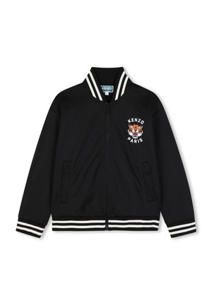 Zwarte jas met ritssluiting, witte gestreepte kraag en manchetten, Kenzo Paris-logo met tijgerkop op de linkerborst, twee zijzakken.