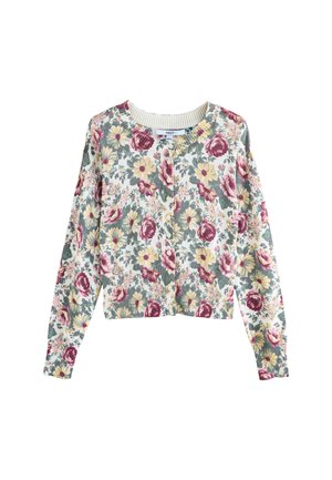 Cardigan floral cu un amestec de flori roz, galbene și verzi pe un fundal alb. Mansete și tiv din material ribat, închidere cu nasturi.