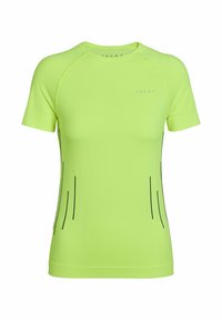 Bright lime green short-sleeve athletic shirt with black vertical stripe accents and small "FALKE" logo on the chest.