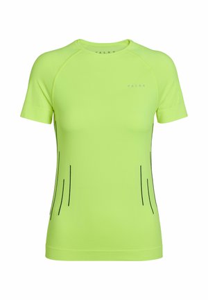 Fel limegroen atletisch T-shirt met korte mouwen, zwarte verticale streepaccenten en een klein "FALKE"-logo op de borst.