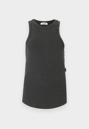 Camiseta sin mangas de punto acanalado en gris oscuro con cuello redondo y etiqueta de la marca "Replay" cosida en el interior del cuello.