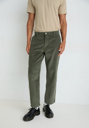 Pantalon en velours côtelé vert à coupe droite, avec une fermeture à bouton et de légères rayures verticales. Porté avec une chemise beige et des chaussures noires.