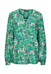 Groene bloemen blouse van lichtgewicht stof, met een v-hals, knoopsluiting aan de voorkant en lange mouwen met geplooide manchetten en multicolore patronen.