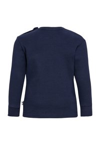 Navyblaue, gerippte Langarmbluse mit rundem Ausschnitt und Druckknöpfen an den Schultern für ein einfaches Anziehen. Weiche Textur mit taillierter Form.