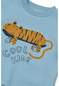Ανοιχτό γαλάζιο φούτερ με μια καρτούν τίγρη σε σκέιτμπορντ και το κείμενο "COOL KIDS" με έντονη γραφή. Απαλό ύφασμα με ριμπ μανσέτες.