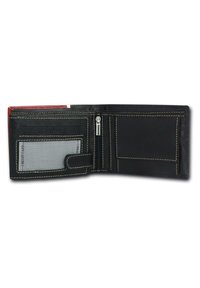 Black leather wallet with contrasting white stitching. Features include a zippered compartment, card slots, and a clear ID window.