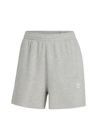 Ljusgrå bomullsshorts med elastisk midja och en liten vit Adidas-logotyp på vänster ben, visade mot en vit bakgrund.