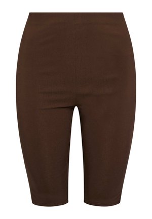 Shorts marron à la longueur genou, ajustés, avec une texture lisse et sans motifs ni détails visibles.