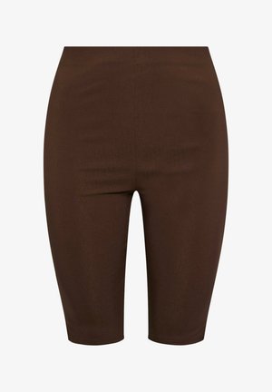 Brune knæhøje, tætsiddende shorts med en glat tekstur uden synlige mønstre eller detaljer.