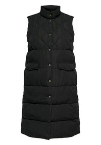 Juodas siuvinėtas pūkinis liemenė su aukštu apykakle, spaustukų uždarymu ir dviem priekinėmis kišenėmis. Lygus paviršius, ilgas, be rankovių dizainas.