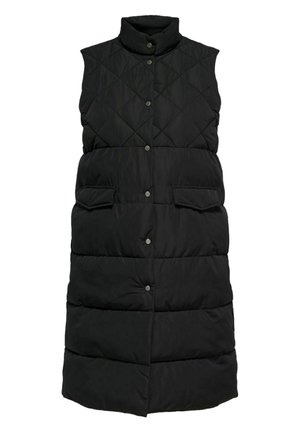 Zwarte gewatteerde puffer vest met een hoge kraag, drukknoopsluiting en twee voorzakken. Soepele textuur met een lange, mouwloze ontwerp.