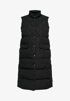 Svart quilted puffer vest med høy krage, trykknapplukking og to frontlommer. Glatt tekstur med lang, ermeløs design.