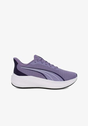Scarpa da corsa atletica color lavanda e viola scuro con suola spessa bianca e tomaia in mesh, vista dal lato esterno.