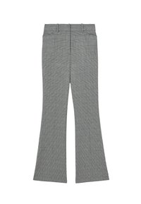 Pantaloni tailored cu carouri gri, cu picioare largi și bucle pentru curea, prezentati întinși pe un fundal alb.