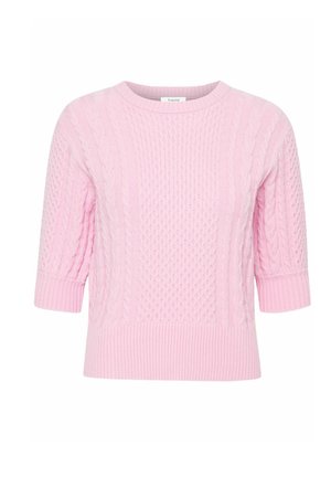 Rosa gestrickter Pullover mit kurzen Ärmeln, Zopfmuster, geripptem Saum und Rundhalsausschnitt. Texturiertes Material mit weichem Finish.