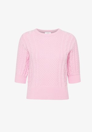 Rosa gestrickter Pullover mit kurzen Ärmeln, Zopfmuster, geripptem Saum und Rundhalsausschnitt. Texturiertes Material mit weichem Finish.