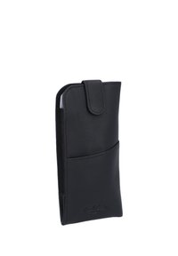 Slim black leather wallet with a front pocket and a flap closure, standing upright on a white background.