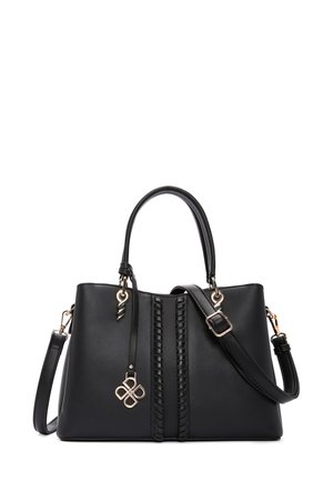 Borsa in ecopelle nera con doppi manici e tracolla rimovibile, caratterizzata da un design anteriore intrecciato e dettagli in metallo dorato.