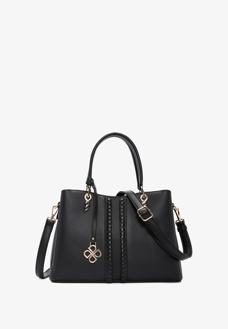 Zwarte neplederen handtas met dubbele handgrepen en afneembare schouderriem, voorzien van een gevlochten voorontwerp en accenten van goudkleurig beslag.