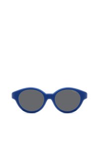 Occhiali da sole blu con finitura opaca, lenti ovali e un design audace della montatura. Lenti polarizzate grigie che offrono riduzione dell'abbagliamento e protezione dai raggi UV.