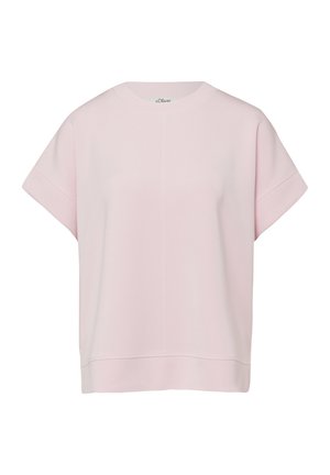 Light pink short-sleeve crewneck top with cuffed sleeves and relaxed fit, made from smooth fabric, brand label inside neckline.