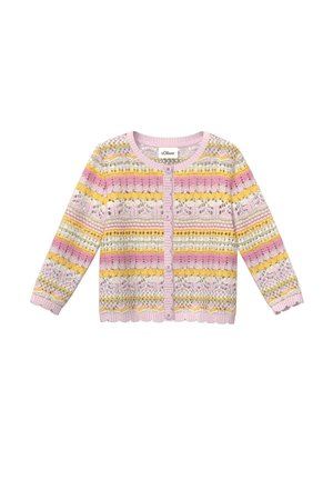 Gebreide cardigan met knopen, met pastelroze, gele en witte bloemen- en streeppatronen, lange mouwen en geschulpte randen.