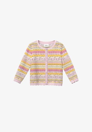 Gestrickte, zum Knöpfen geeignete Strickjacke mit floralen Mustern und Streifen in Pastellrosa, Gelb und Weiß, langen Ärmeln und wellenförmigen Rändern.