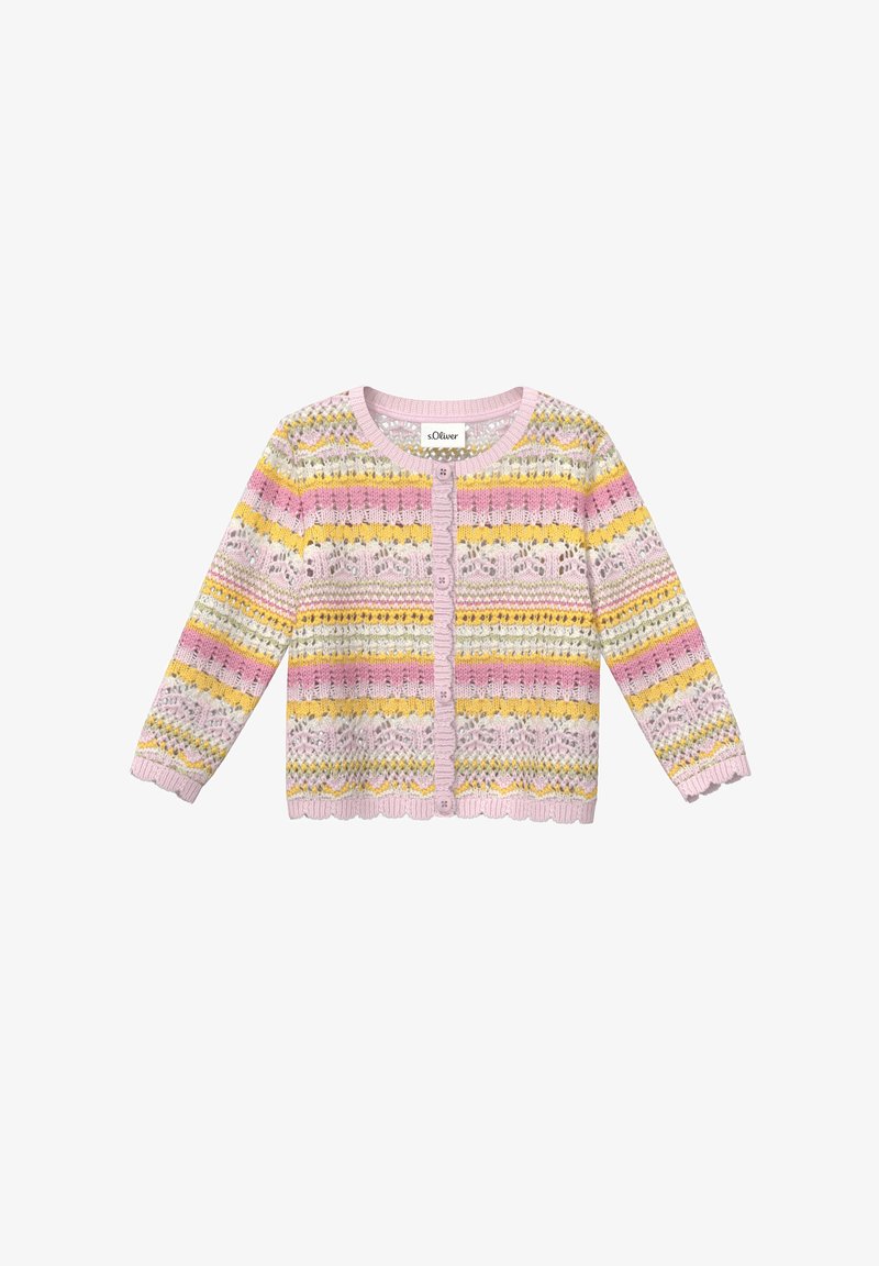 Gestrickte, zum Knöpfen geeignete Strickjacke mit floralen Mustern und Streifen in Pastellrosa, Gelb und Weiß, langen Ärmeln und wellenförmigen Rändern.