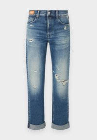 Blugi din denim albastru deschis cu croială lejeră, detalii uzate și tivuri ruluite. Prevăzute cu închidere cu nasturi și design cu cinci buzunare.