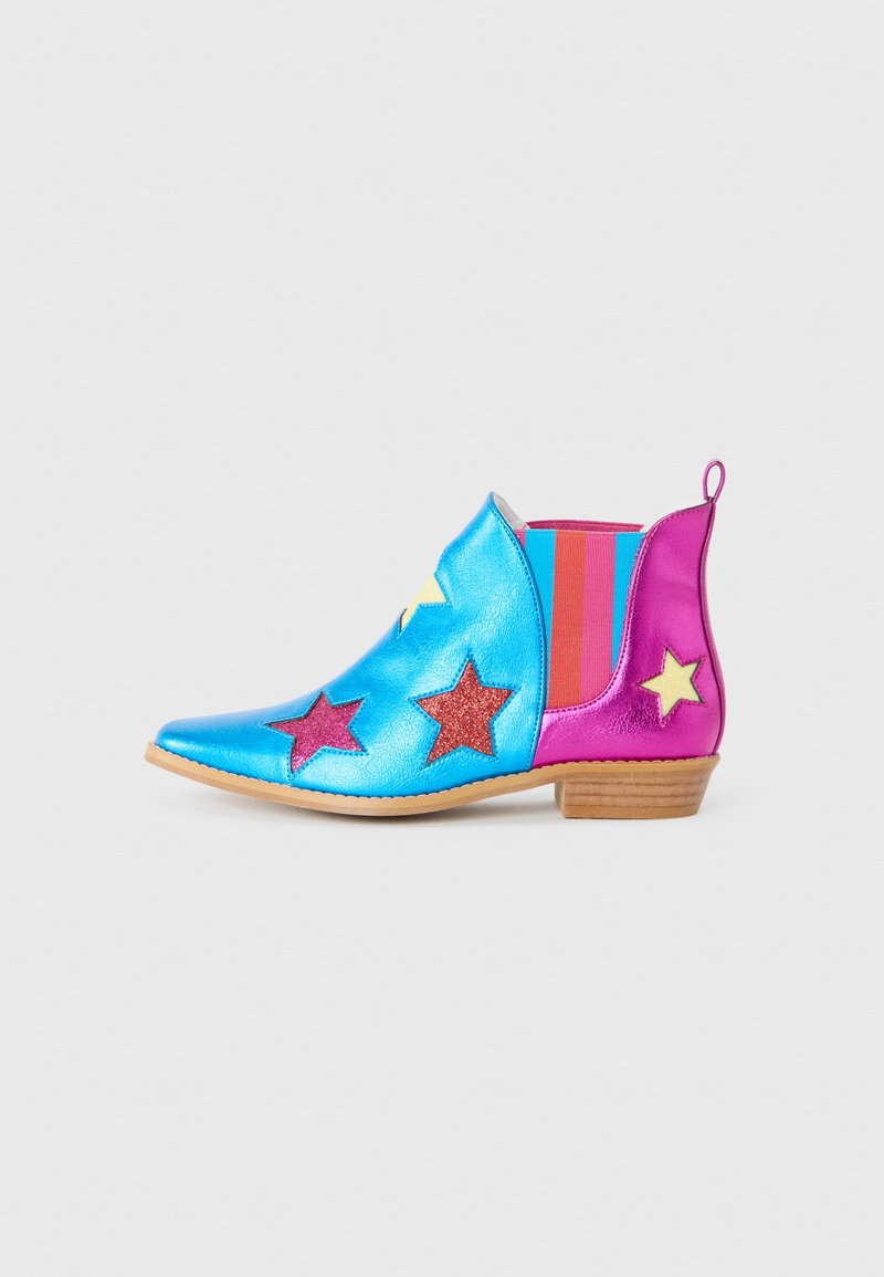 Ankle-high shiny blue and pink leather boot with red, yellow, and pink star designs and striped elastic side panel, wooden heel.