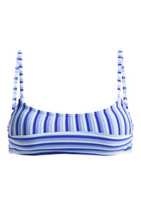 Blauwe en witte gestreepte bikini top, met een geribde textuur, verstelbare schouderbanden en een bandeau-ontwerp met horizontale strepen.