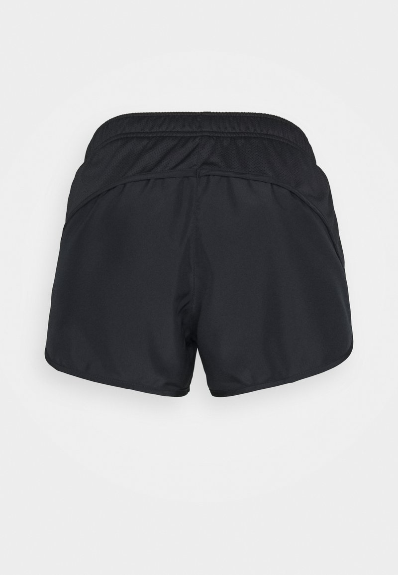 Pantaloni corti sportivi neri con fascia elastica in vita e una consistenza liscia; presentano un pannello in rete per la traspirabilità e una vestibilità morbida.