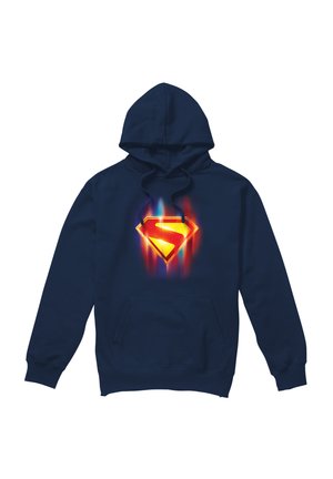 Navy blue hooded sweatshirt with front pockets, featuring a glowing red and yellow Superman emblem on the chest.