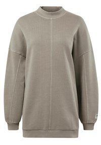 Ljusgrå sweatshirt med hög krage, neddragna axlar, långa ärmar och ribbade muddars. Tillverkad av mjukt, texturerat tyg med söm-detaljer.