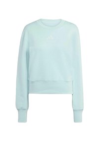 Maglione cropped di colore azzurro chiaro realizzato in tessuto morbido. Presenta maniche lunghe, un collo rotondo e un logo bianco discreto sul petto.