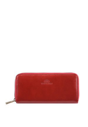 Cartera de cuero roja con cremallera alrededor, con logotipo Wittchen en relieve y tirador de cremallera dorado, mostrada sobre un fondo blanco.