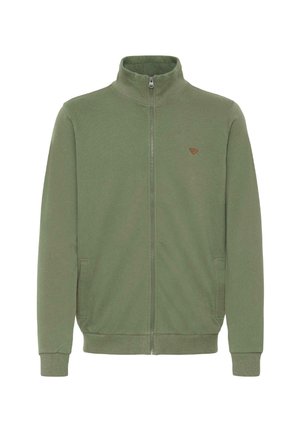 Zielona oliwkowa kurtka zapinana na zamek, wykonana z mieszanki bawełny. Posiada wysoki kołnierz, dwie przednie kieszenie oraz małe logo na klatce piersiowej.