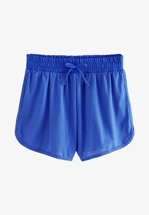 Blauwe mesh shorts met een textuurpatroon, elastische tailleband en koord. Kenmerkt zich door een relaxte pasvorm en een gebogen zoom.