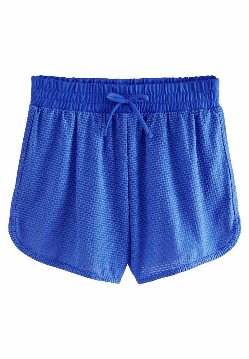 Pantalones cortos de malla azules con un patrón texturizado, cinturilla elástica y cordón ajustable. Presentan un corte relajado y un dobladillo curvado.