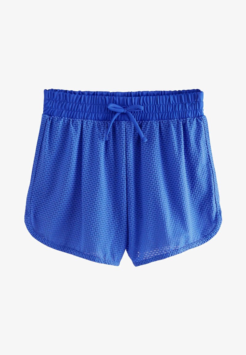 Niebieskie szorty siatkowe z teksturowanym wzorem, elastycznym paskiem w talii i sznurkiem. Charakteryzują się luźnym krojem i zaokrąglonym dołem.