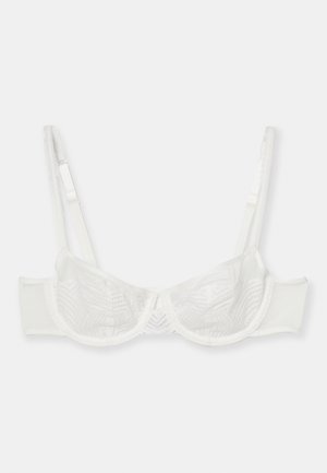 Bijeli grudnjak s čipkastim detaljima, potporom žice, podešivim satenskim trakama i kopčanjem na kuku. Mekani materijal s glatkom teksturom.