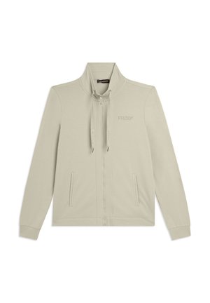 Veste beige clair zippée avec col montant, cordons de serrage, poches avant, et logo "FREDDY" sur la poitrine gauche.
