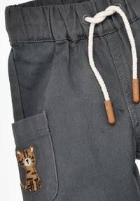 Gray cotton pants with a soft texture, featuring an embroidered tiger on the front pocket and a drawstring with beige toggles.