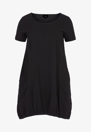 Black jersey dress with short sleeves, rounded neckline, side pockets, and a gathered hem for a loose fit. Smooth texture and versatile design.