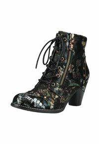 Stivaletti neri con motivo floreale, alla caviglia, con lacci frontali, zip laterale e tacco largo. Presentano accenti metallici e tessuto texturizzato.
