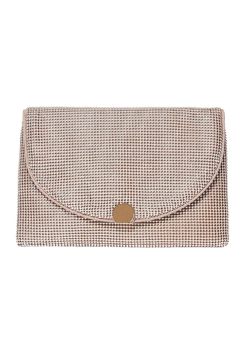 Prostokątna torebka kopertówka w kolorze różowego złota z klapą, pokryta małymi błyszczącymi cyrkoniami i okrągłym metalowym guzikiem.