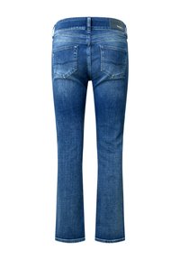 Jeans en denim bleu avec une coupe droite, comportant deux poches arrière et un léger effet délavé près de la taille.